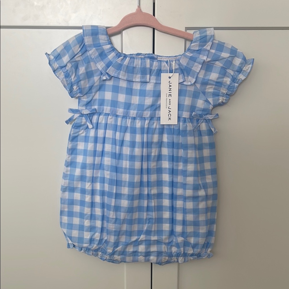 Janie and Jack Blue and White Gingham Blouse with Ruffle Sleeves